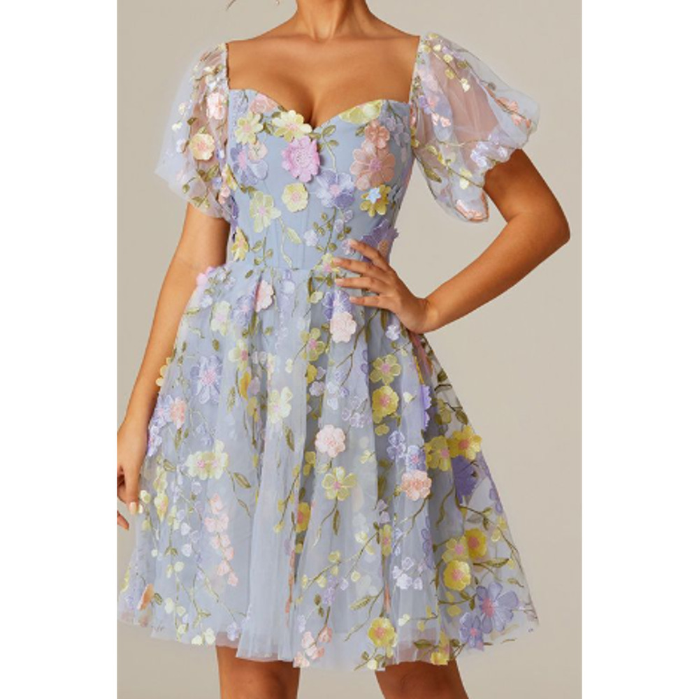 AW Bridal Iced Blue 3D Floral Puff Sleeve A-Line Mini Dress Sweetheart Neckline